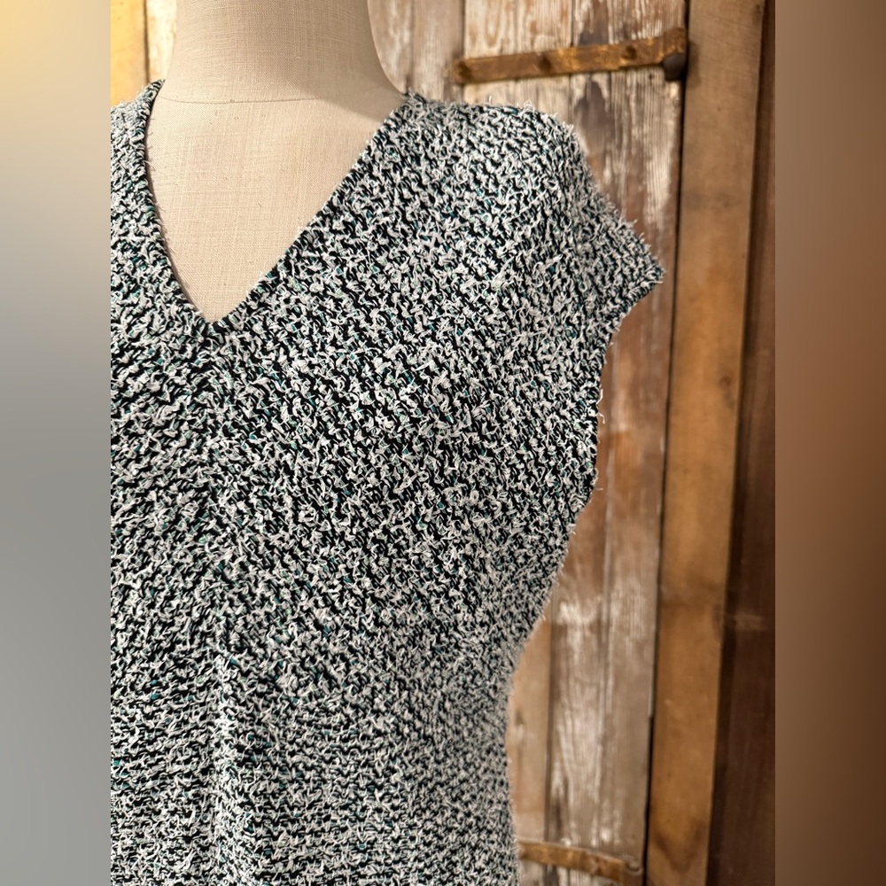 NWT St. JOHN Size 14 Multi Black White Mint Cap Sleeve V-Neck Dress Empire Waist - Picture 14 of 16